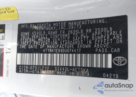 2013 Toyota Avalon Xle Premium z USA, uszkodzony, nr VIN 4T1BK1EB9DU074417